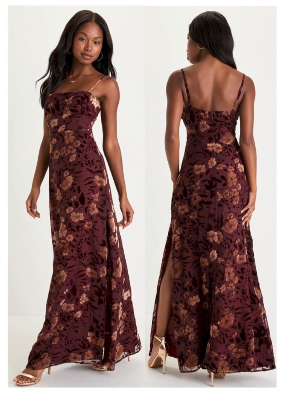 Lulus Effortless Celebration Burgundy Floral Burnout Maxi Dress Size Small New